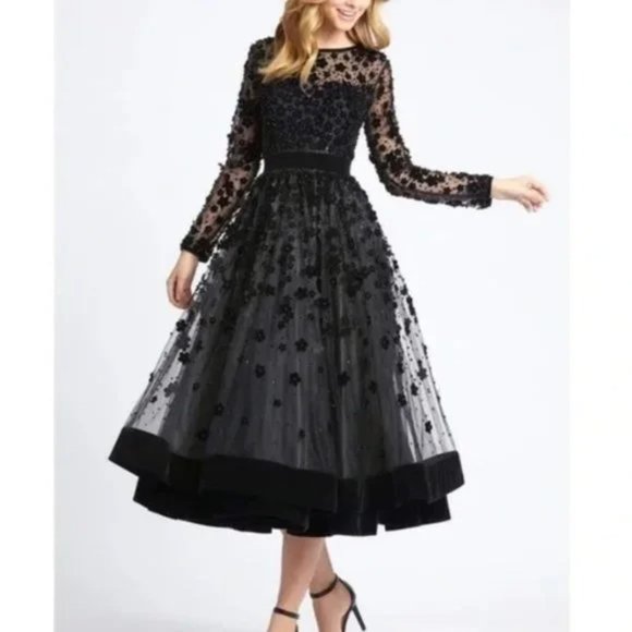 NEW Mac Duggal Fit & Flare Velvet Embellished Cocktail Dress Black SZ 16 #1250